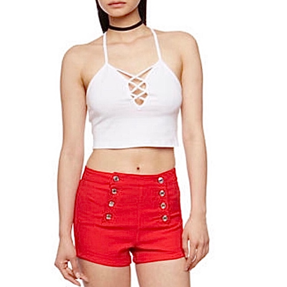 Women's White Halter Spaghetti Strap Sleeveless Caged Crop Top- Size Medium